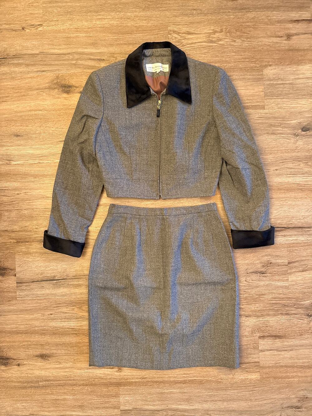 Vintage 90s Laura Madrigano Gray Cropped Skirt Suit Set Size 10